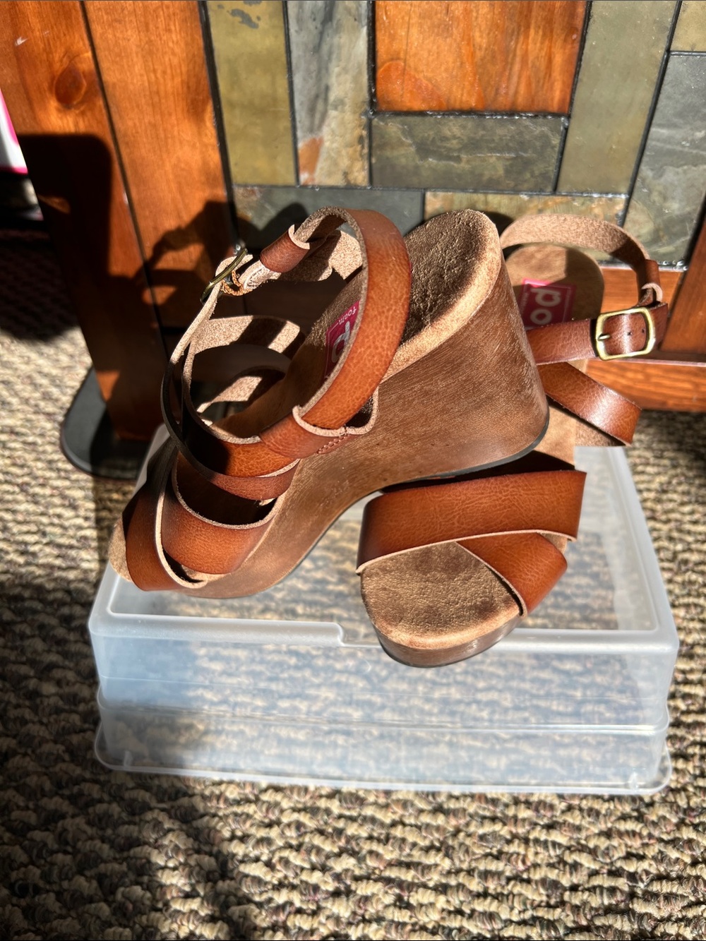 POP Canyon Wedge Brown Leather-Look Crossover Strap Sandals - Picture 8 of 8
